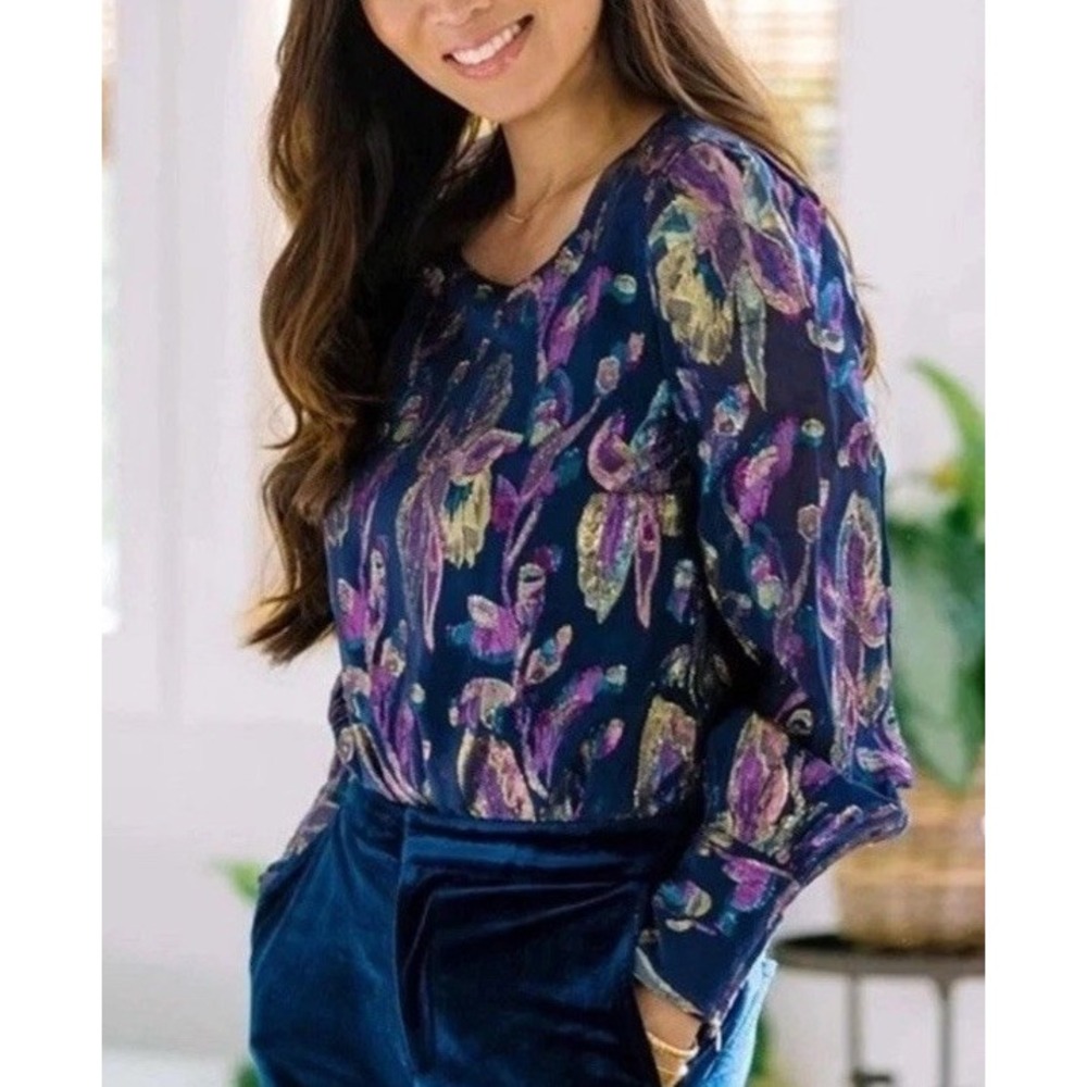 Lilly Pulitzer Womens True Navy Lambert Silk Blouse Top‎ Rainbow Metallic Size L